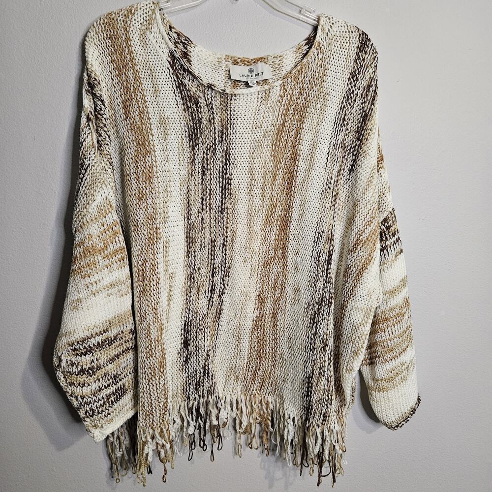 Laurie Felt Baja Sweater with Fringe Hem Detail Brown Tan Combo Size M/L Boho